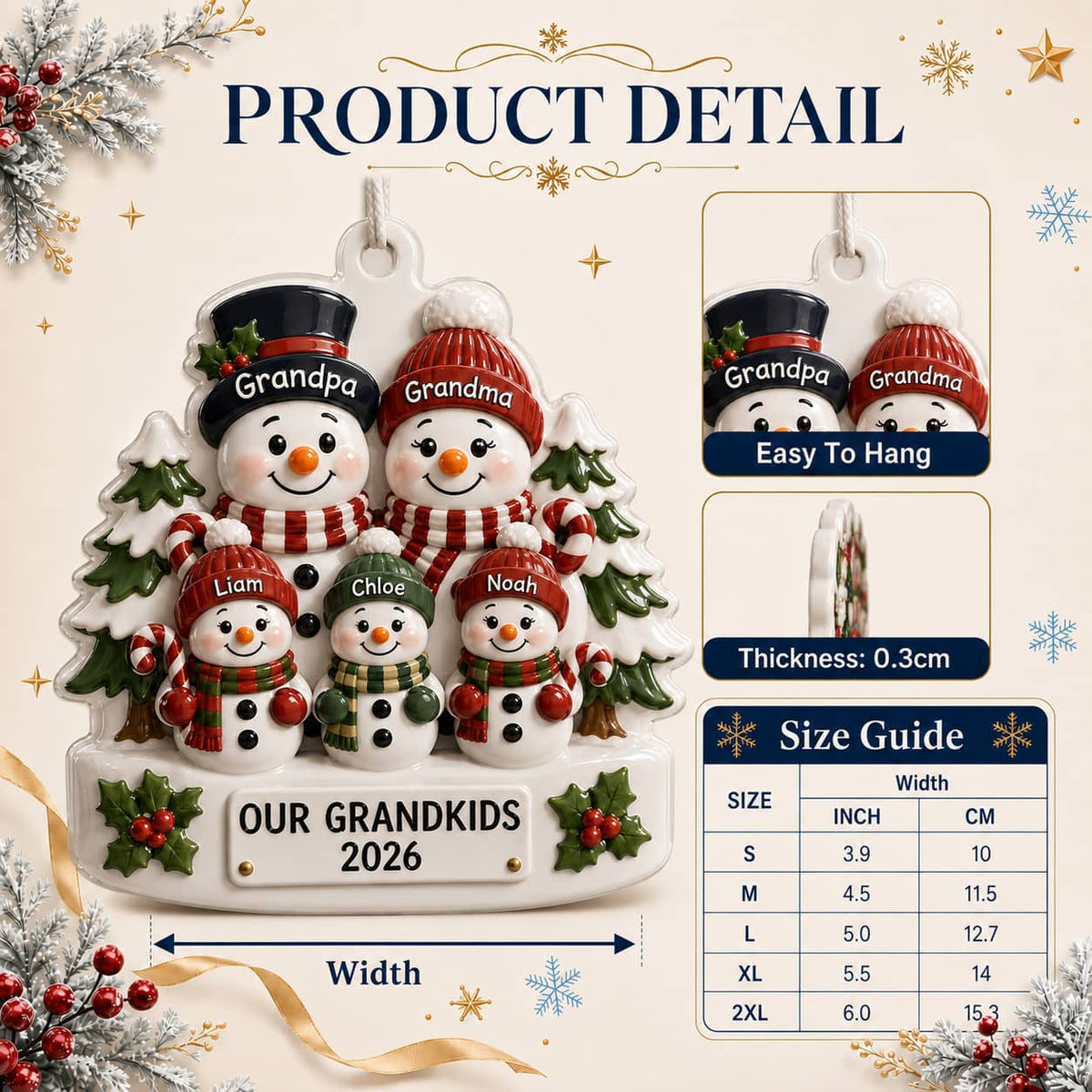 Snowman Grandparents and Grandkids Christmas Tree Keepsake - 3D Relief Ornament