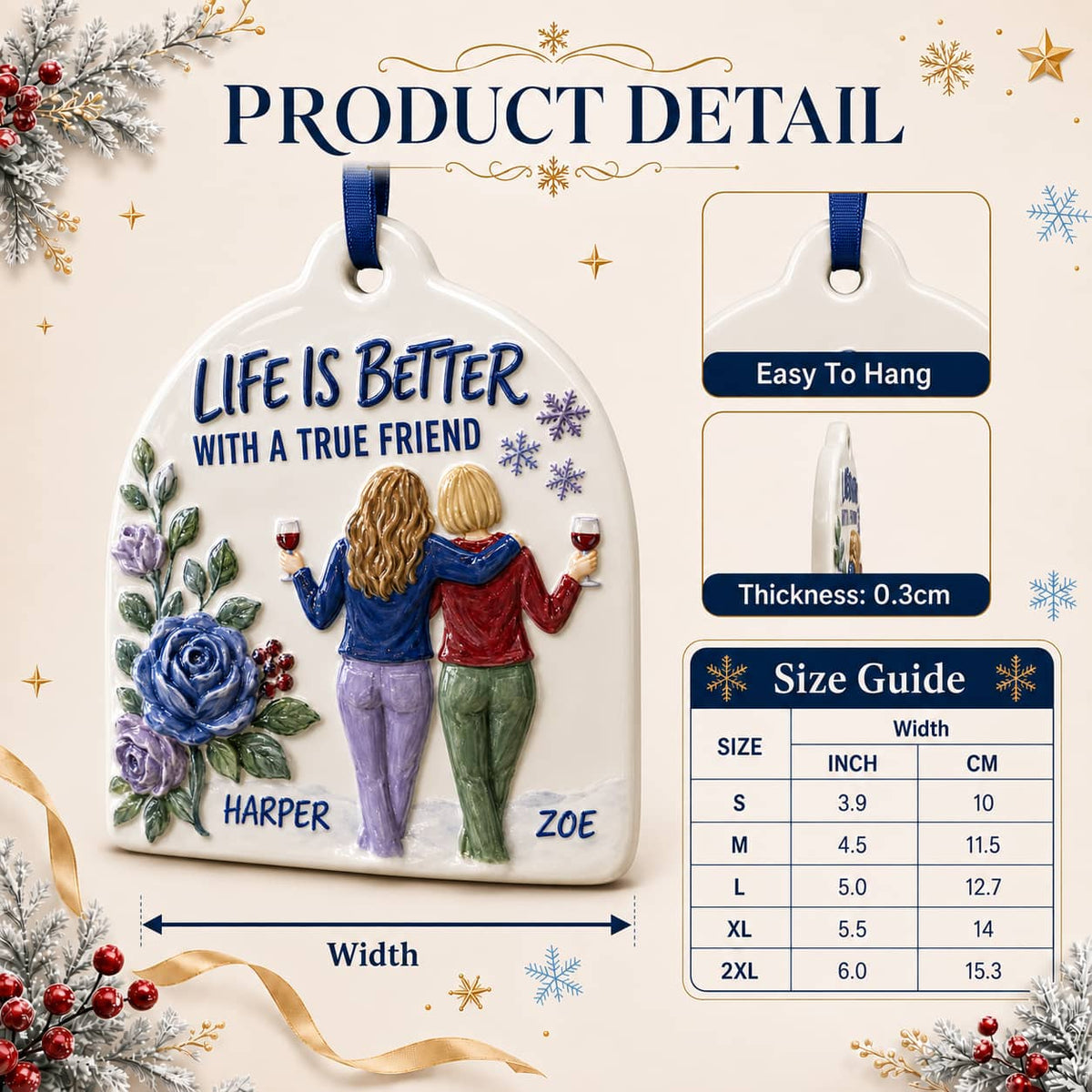 Friendship Keepsake with Two Women Toasting Wine - 3D Relief Ornament