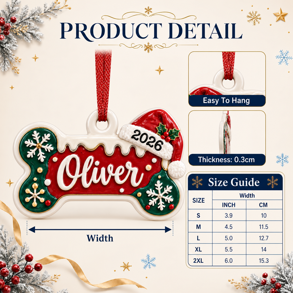 Dog Bone Christmas Tree Hanging Decor with Red Santa Hat and Snowflakes - 3D Relief Ornament