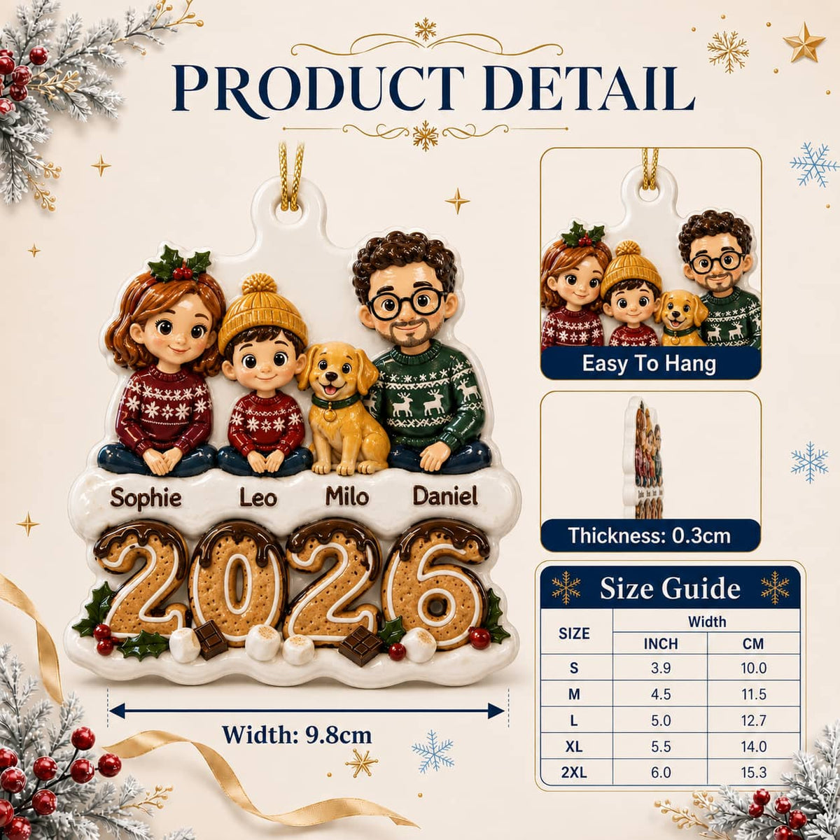 Family and Dog Christmas Tree Keepsake, 2026 Gingerbread Holiday Decor - 3D Relief Ornament