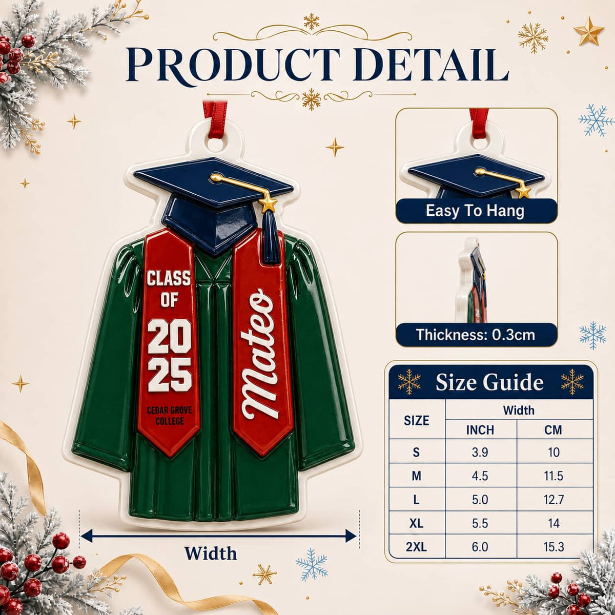 Graduation Cap and Gown Holiday Keepsake for High School or College Commencement - 3D Relief Ornament