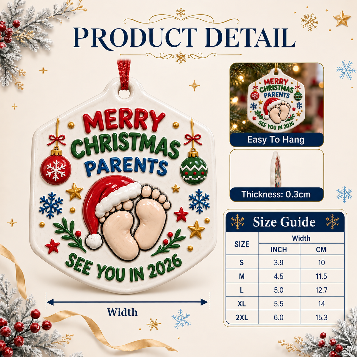 Expecting Parents 2026 Baby Footprint Christmas Tree Hanging Plaque - 3D Relief Ornament