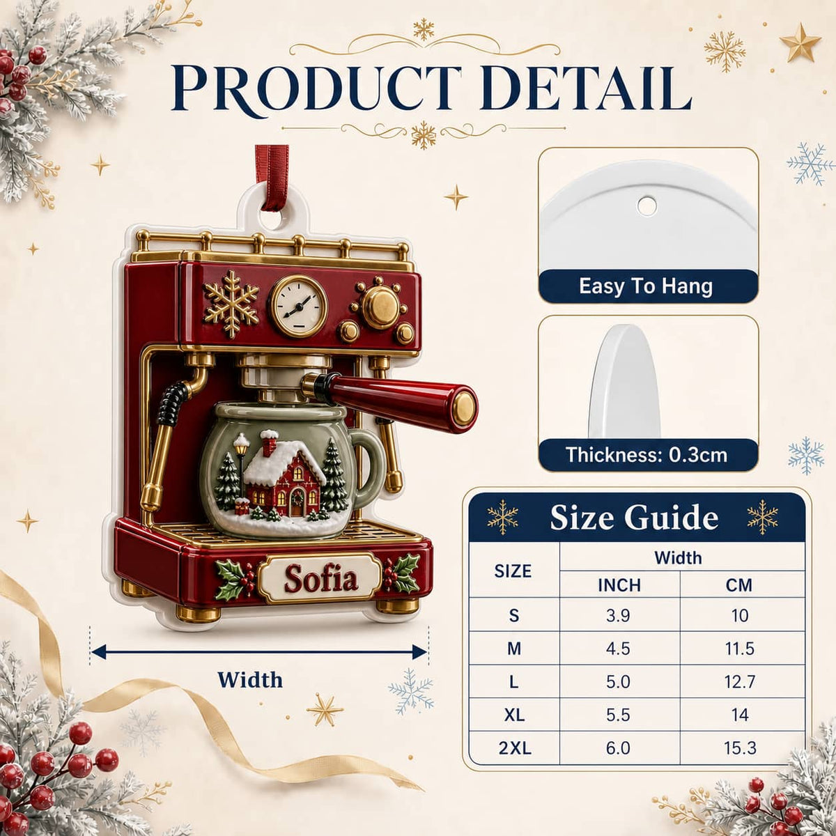 Retro Espresso Coffee Machine with Winter Village Mug Holiday Decor - 3D Relief Ornament