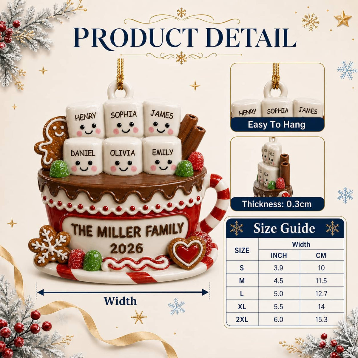 Hot Chocolate Mug Family Marshmallow Christmas Keepsake - 3D Relief Ornament