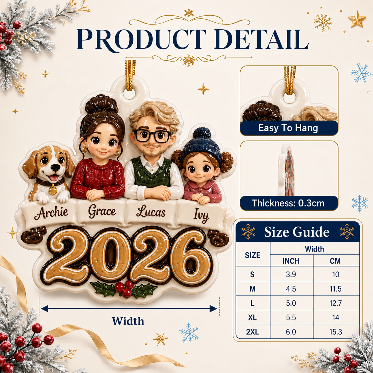 Family and Dog Christmas Tree Keepsake, Holiday Hanging Decor - 3D Relief Ornament