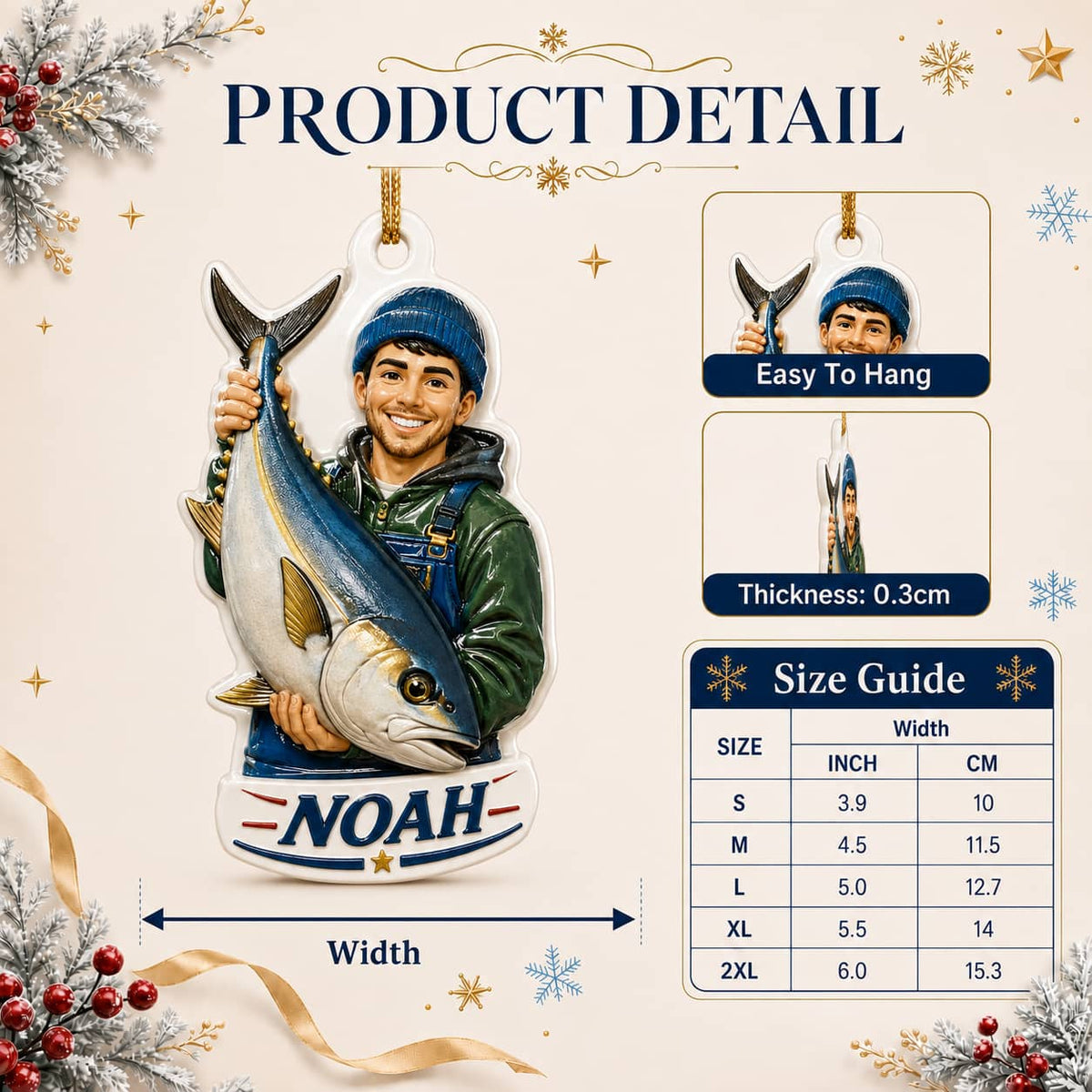 Fisherman Christmas Tree Keepsake Holding Saltwater Tuna Catch - 3D Relief Ornament