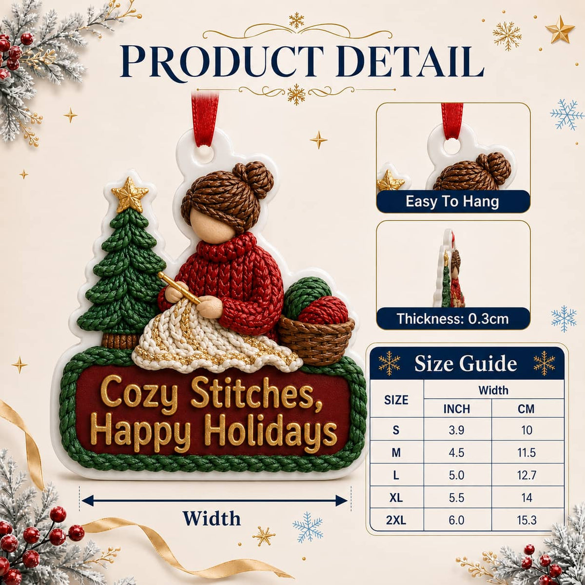 Knitting Woman Christmas Tree Decoration with Yarn Basket and Ribbon - 3D Relief Ornament