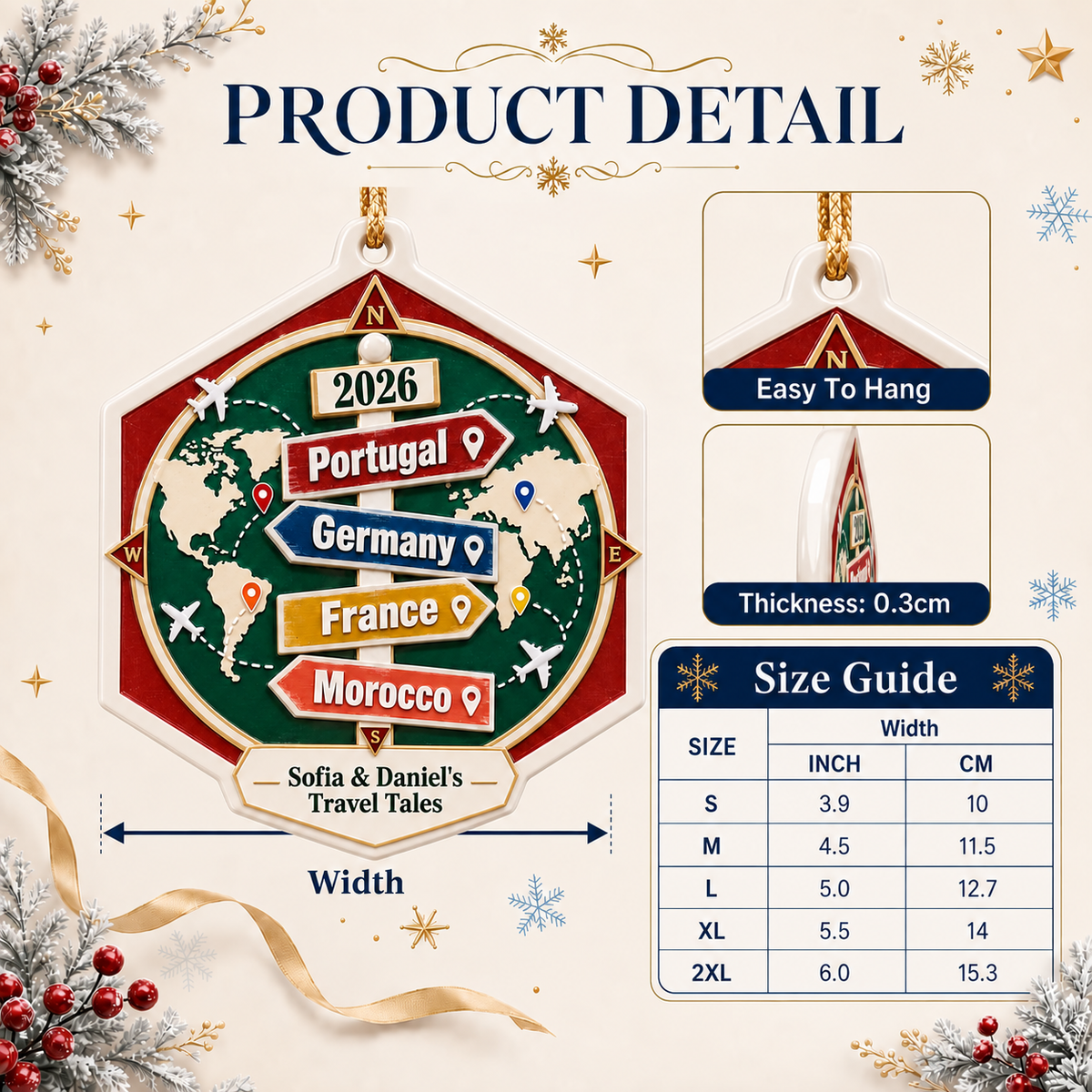 World Travel Map Vacation Signpost Compass Hexagon Hanging Keepsake - 3D Relief Ornament