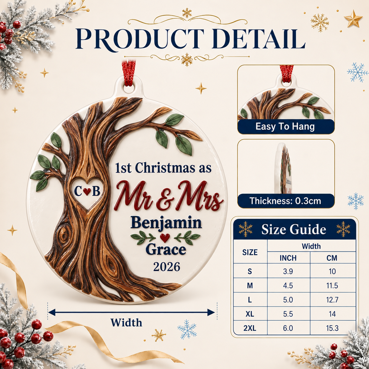 First Christmas as Mr and Mrs Round Holiday Hanging Decoration with Carved Tree Trunk - 3D Relief Ornament