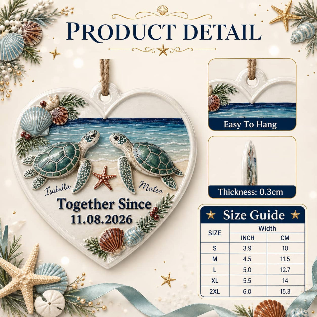 Heart Shaped Sea Turtle Couple Ocean Beach Holiday Tree Keepsake - 3D Relief Ornament