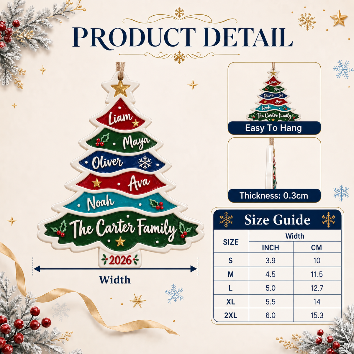 Family Christmas Tree Multicolor Tiered Plaque Hanging Keepsake - 3D Relief Ornament