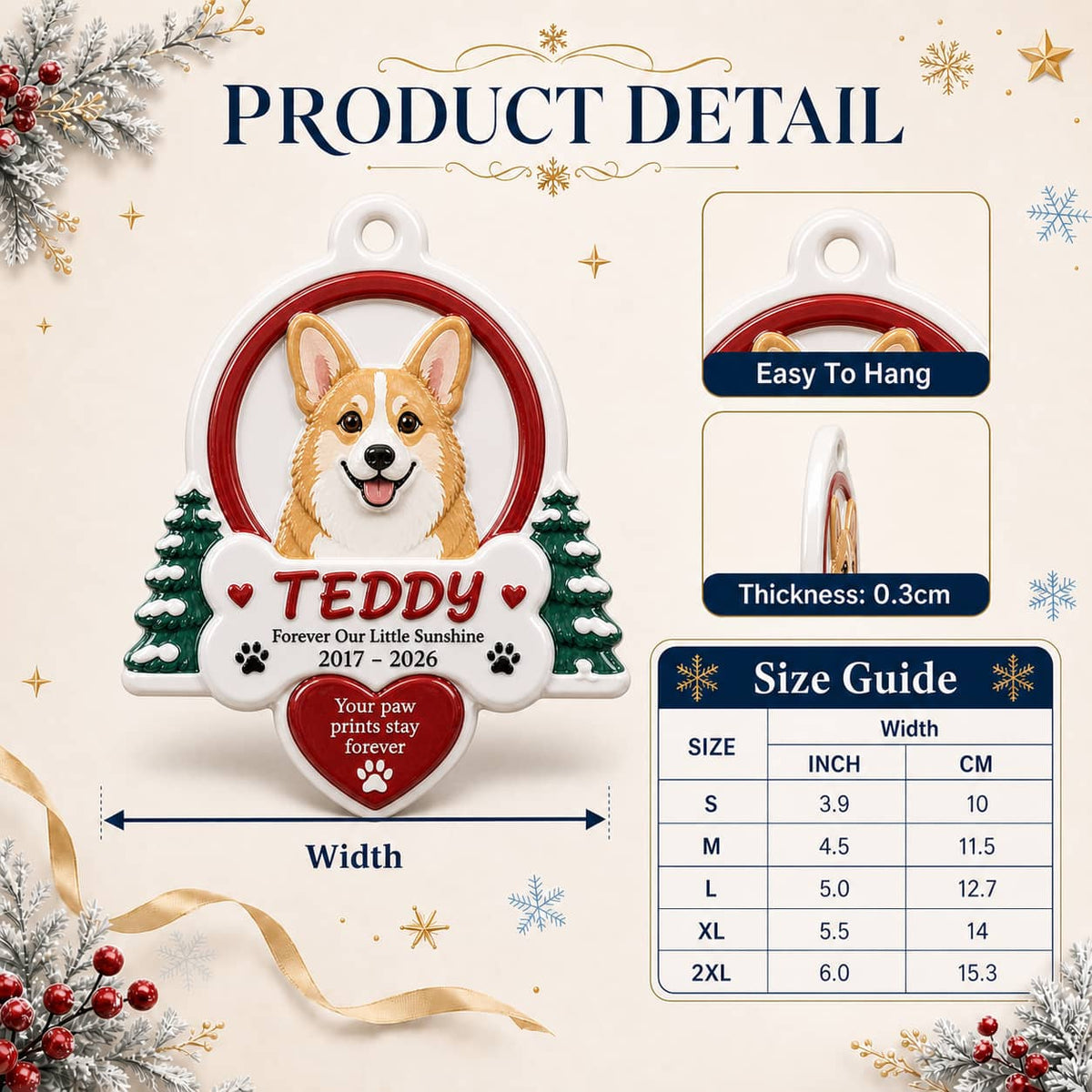 Pet Memorial Holiday Decoration with Pine Trees, Bone, and Red Heart - 3D Relief Ornament