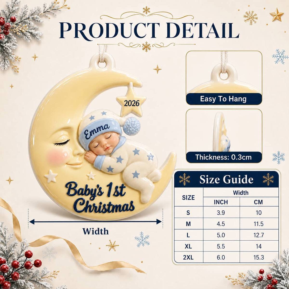 Baby's First Christmas Sleeping Infant on Crescent Moon Holiday Keepsake - 3D Relief Ornament
