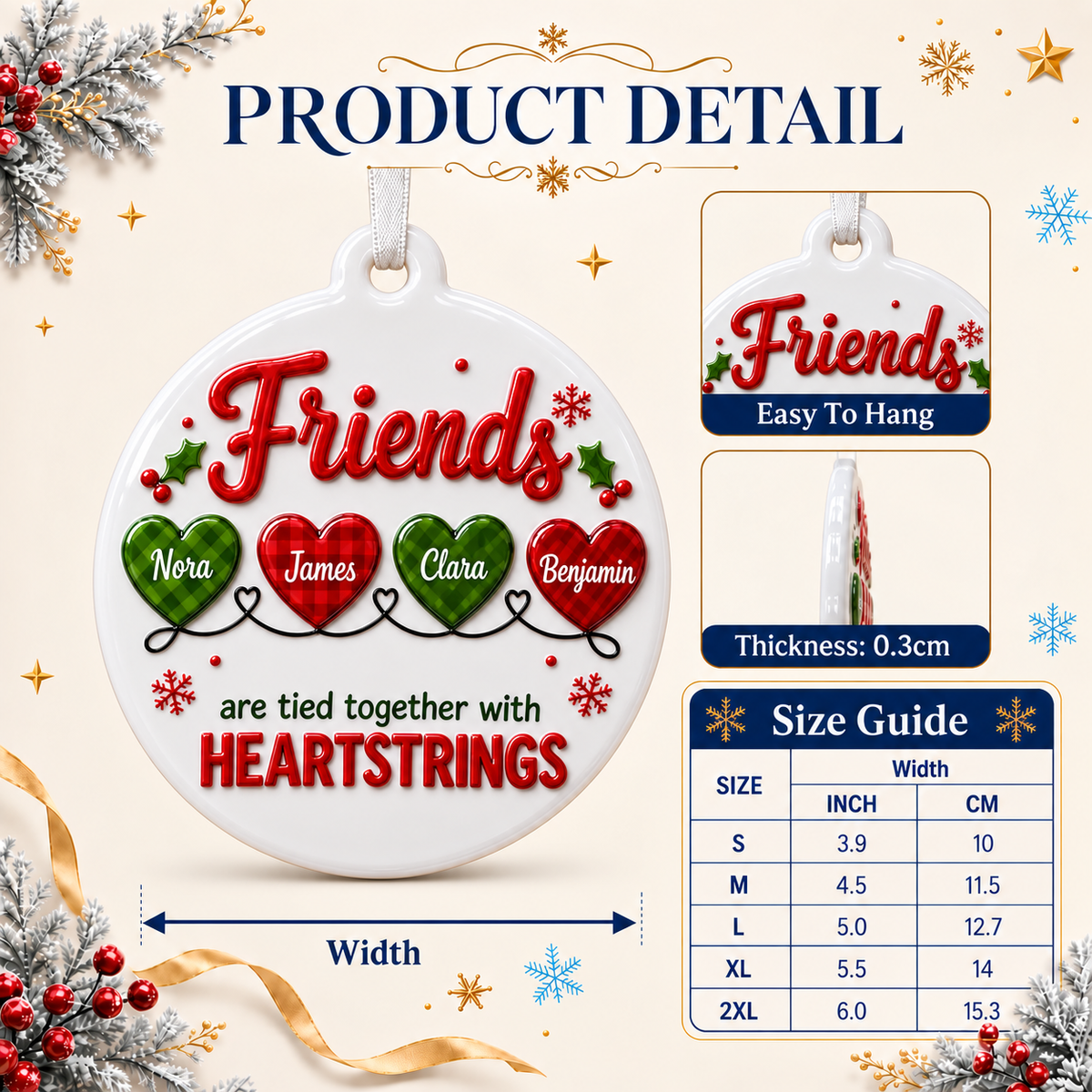 Friends Heartstrings Christmas Tree Holiday Decor, Oval White Design with Raised Red Green Details - 3D Relief Ornament