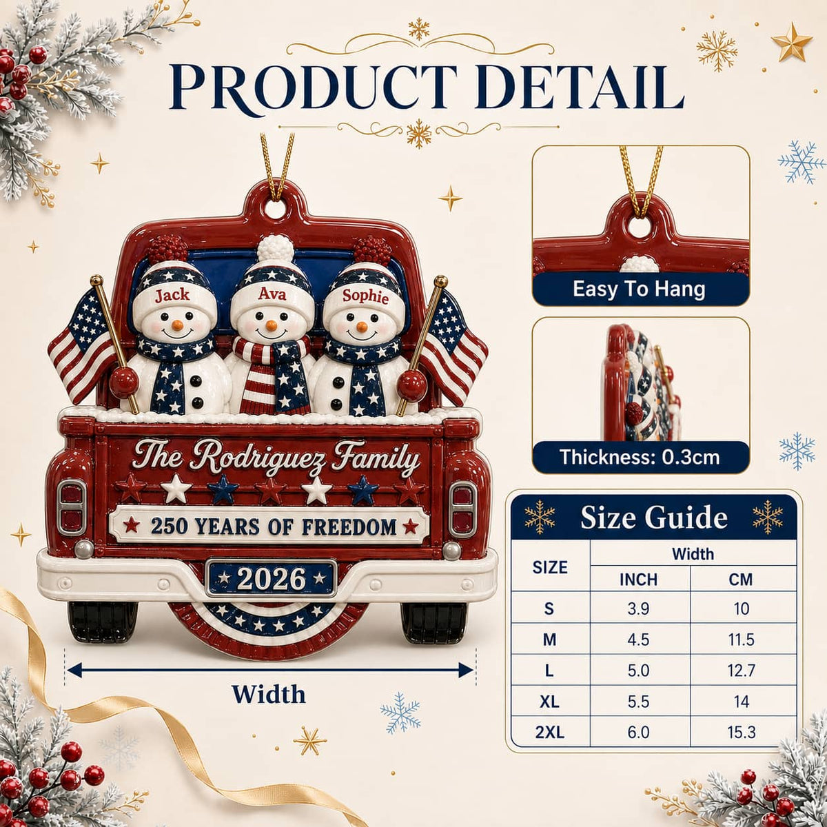 Christmas Snowman Pickup Truck Holiday Decor, Patriotic Red White Blue Design - 3D Relief Ornament