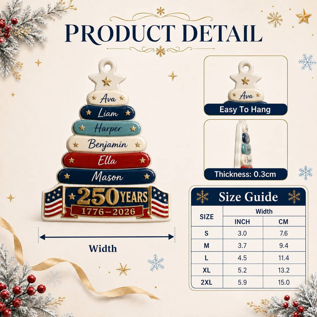 USA 250 Years 1776-2026 Patriotic Christmas Family Tree Keepsake - 3D Relief Ornament