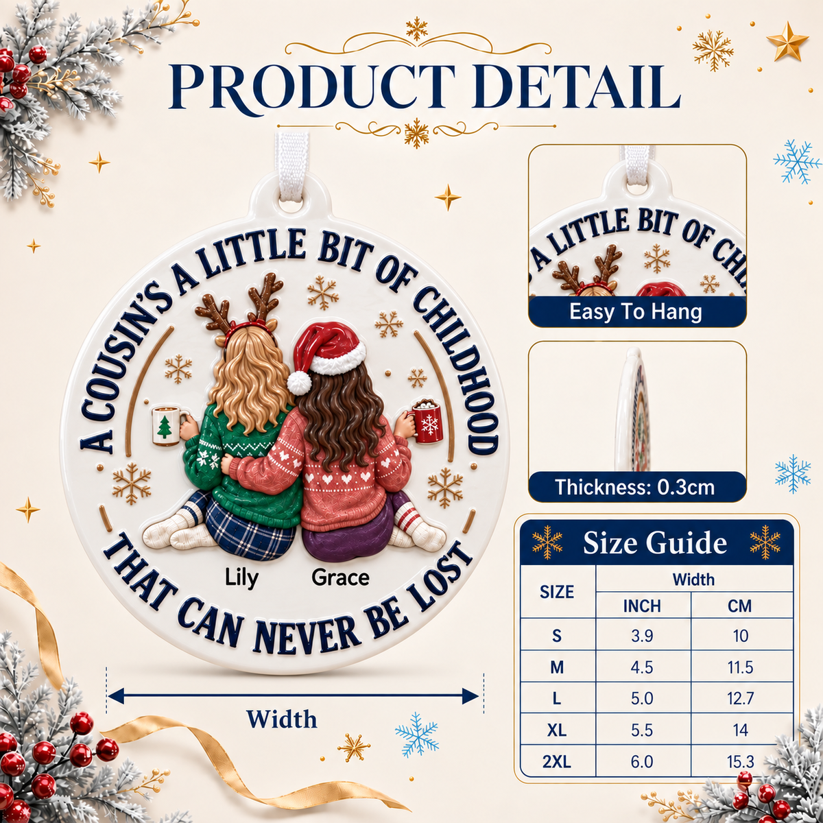 Christmas Tree Keepsake with Cousins Quote, Round Holiday Decor - 3D Relief Ornament