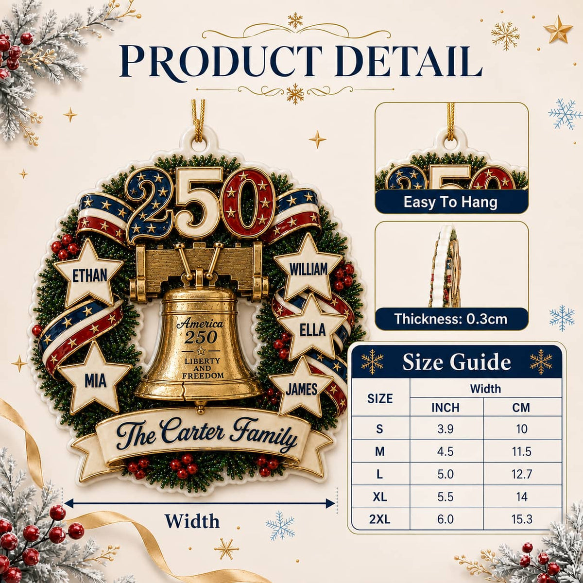 Patriotic Liberty Bell Wreath 250th Anniversary Stars and Ribbon Decor - 3D Relief Ornament