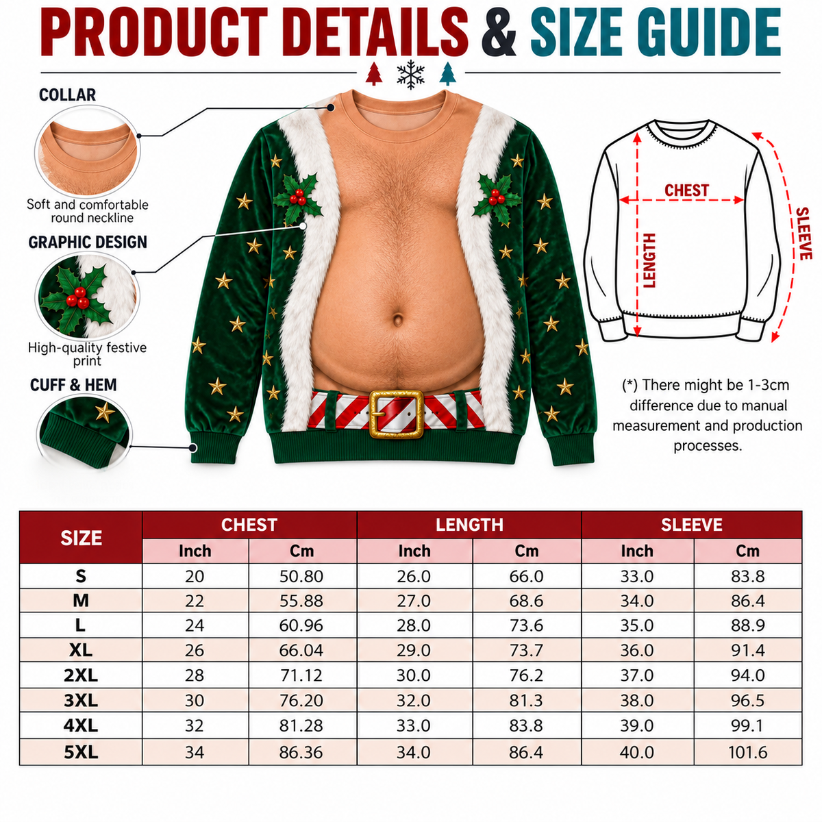 Funny Ugly Christmas Sweatshirt Fake Bare Chest Belly Graphic Crewneck