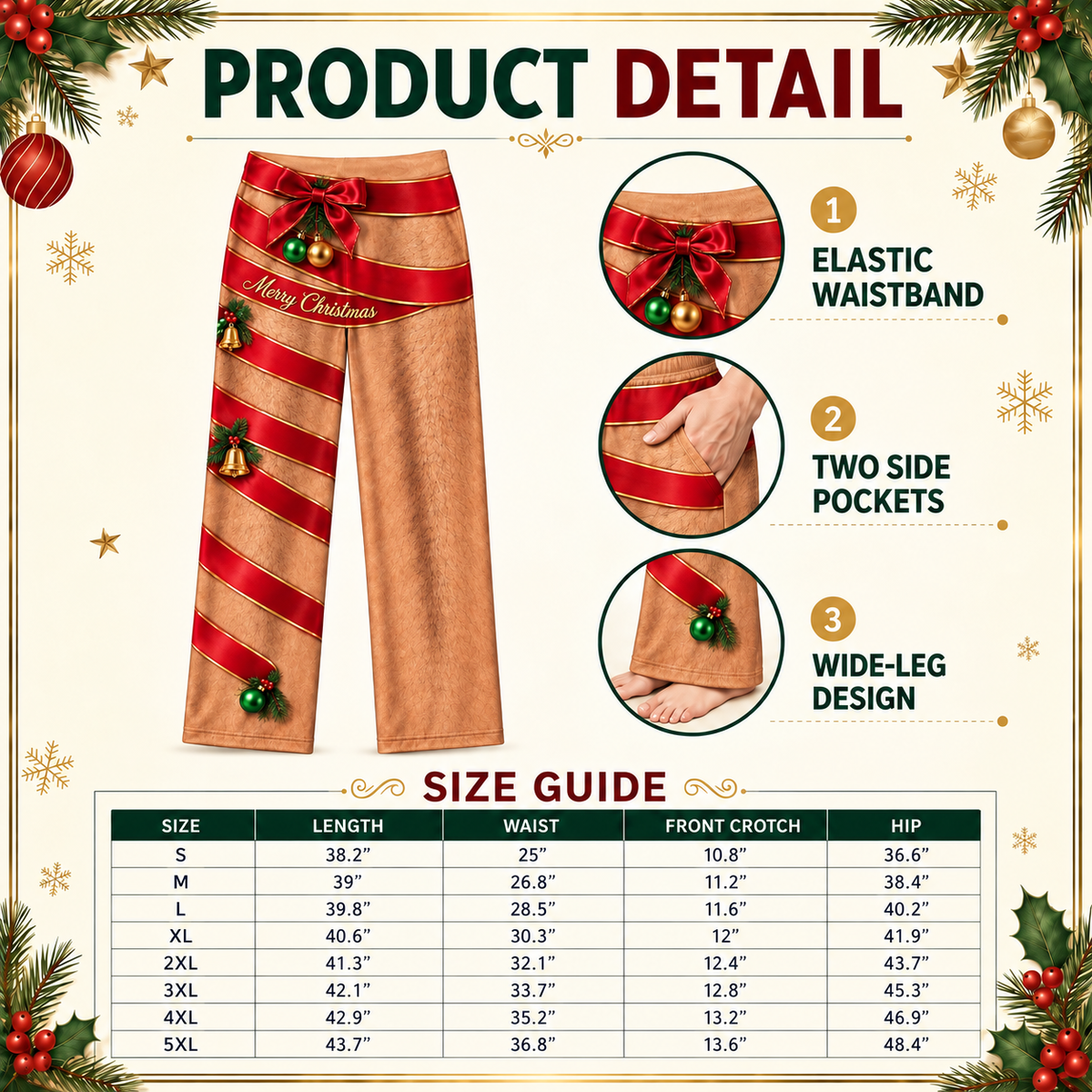 Christmas Pajama Pants Novelty Hairy Leg Ribbon Print Lounge Bottoms