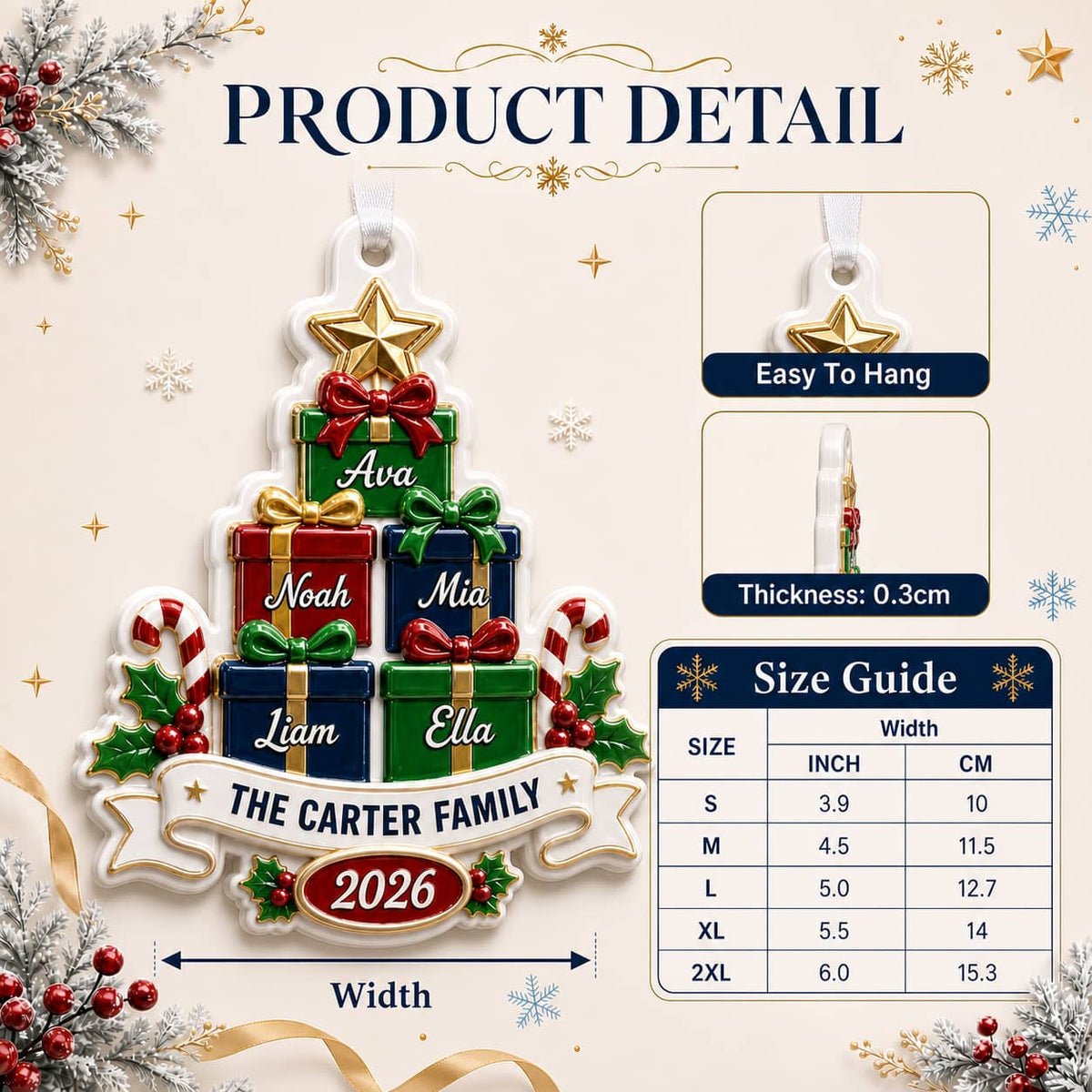Personalized Christmas Tree Family Decoration with Stacked Gifts, 2026 Holiday Family Name Design - 3D Relief Ornament