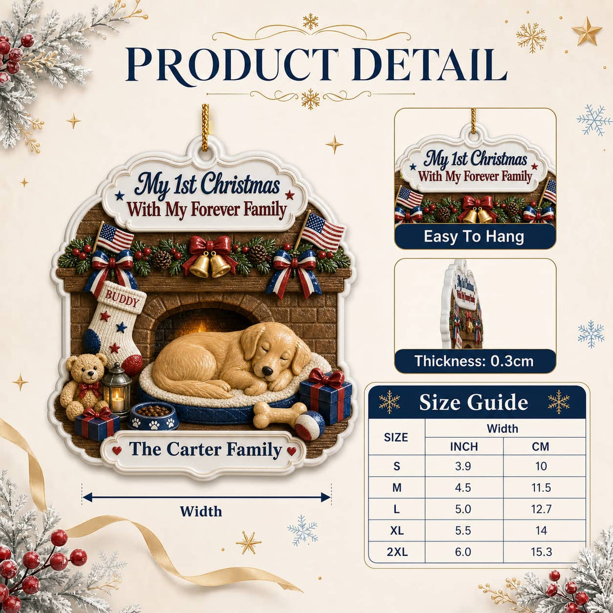 Holiday Tree Decoration, First Christmas Sleeping Puppy by Fireplace - 3D Relief Ornament