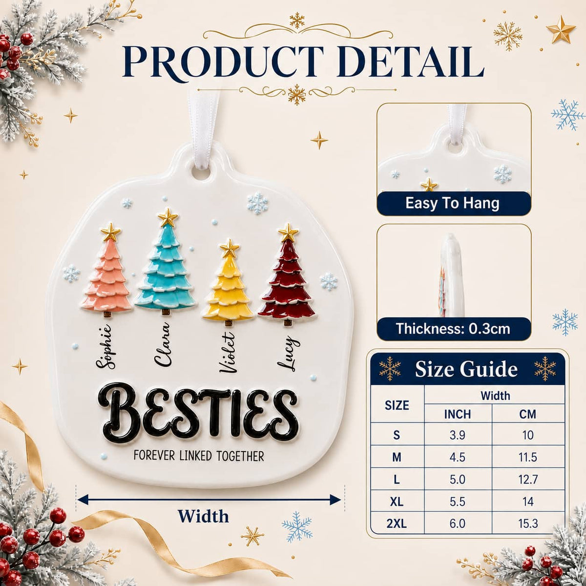 Besties Forever Linked Colorful Christmas Trees Keepsake - 3D Relief Ornament