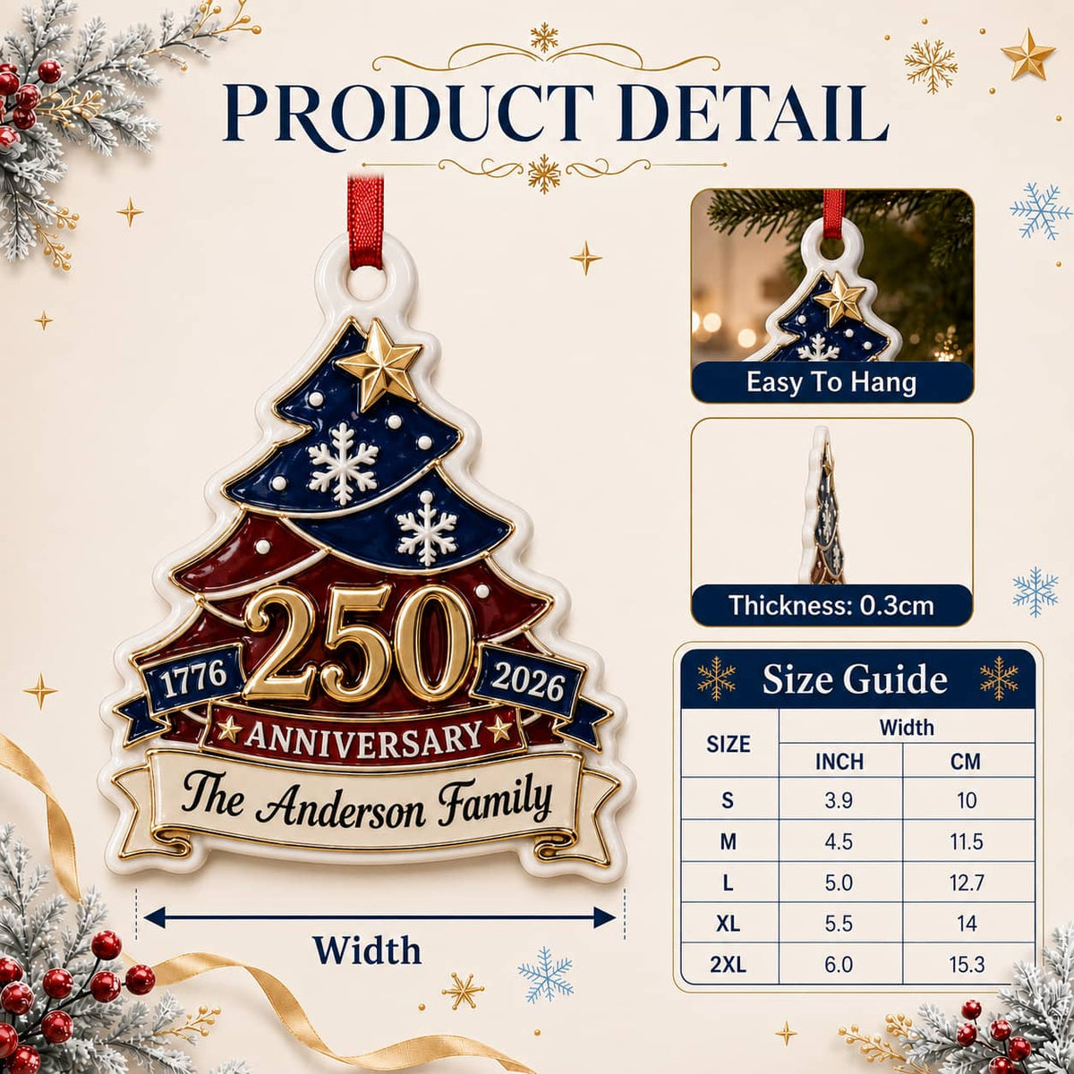 Personalized USA 250th Anniversary 1776-2026 Christmas Keepsake - 3D Relief Ornament