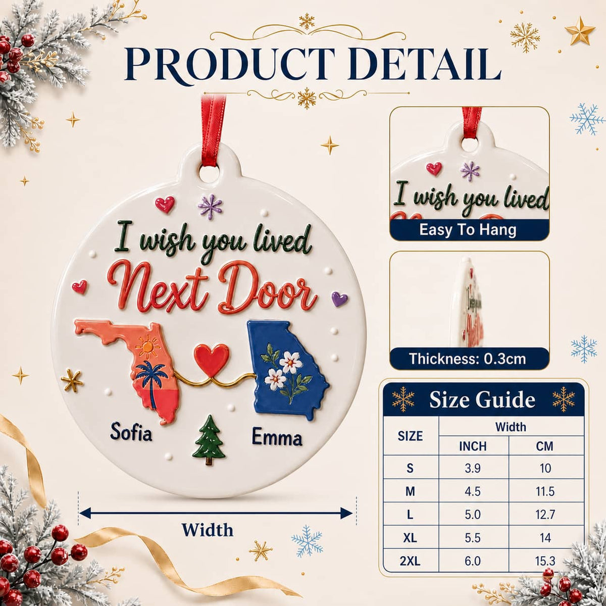 I Wish You Lived Next Door Long Distance State Christmas Keepsake - 3D Relief Ornament