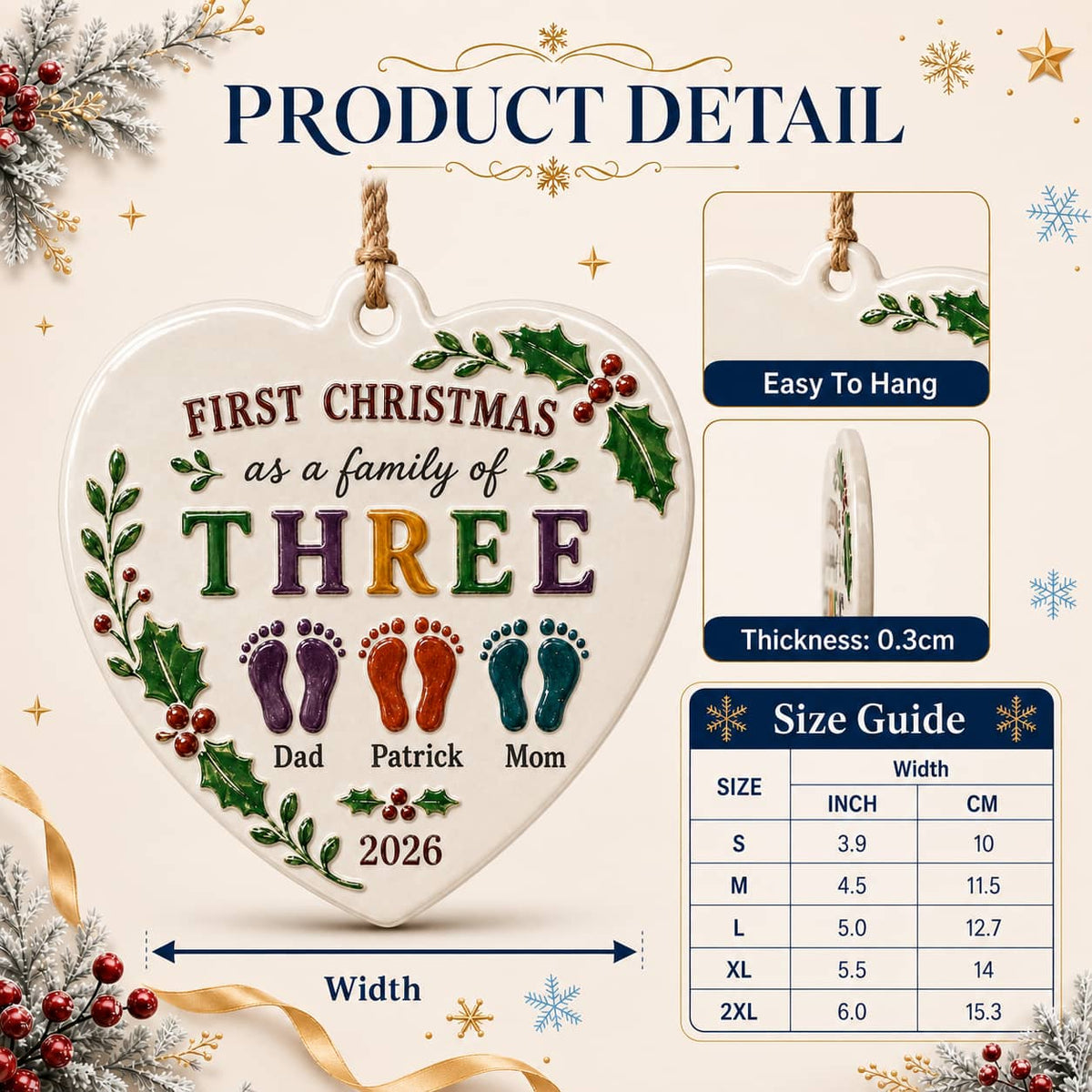 First Christmas Family of Three Heart Ceramic Keepsake with Ribbon - 3D Relief Ornament
