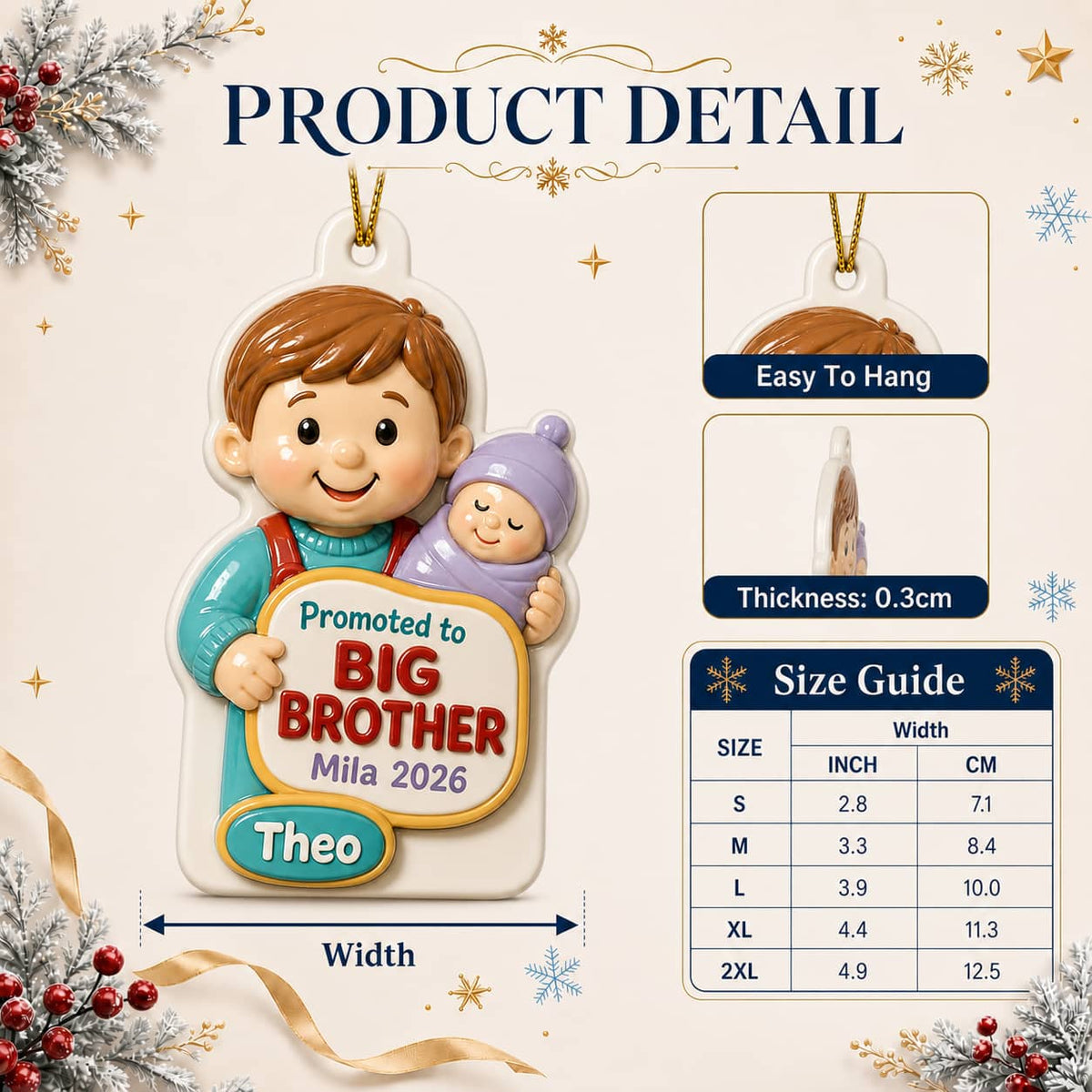 Promoted to Big Brother Holding Baby Sibling Christmas Keepsake - 3D Relief Ornament