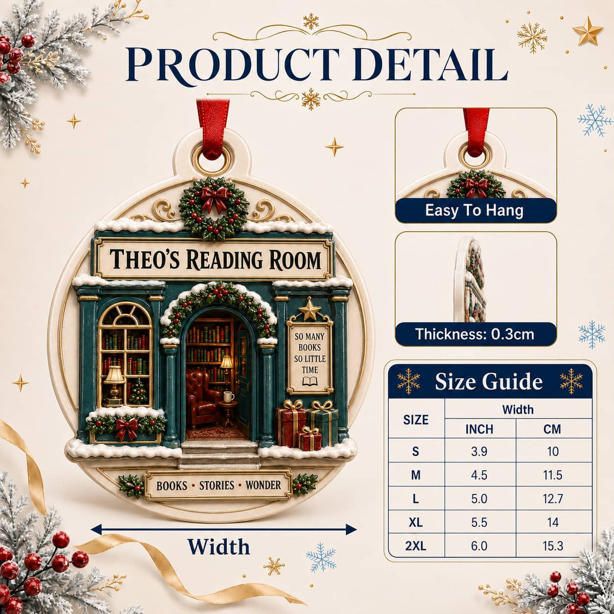Reading Room Bookstore Facade Ceramic Holiday Keepsake with Ribbon - 3D Relief Ornament