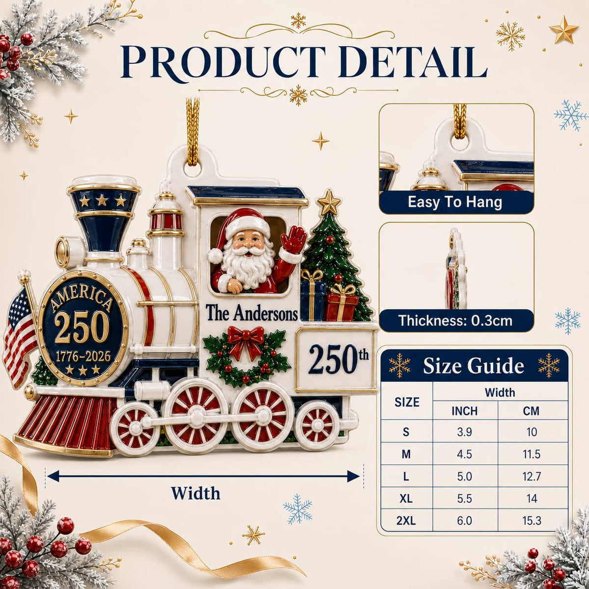 America 250 Santa Steam Train Patriotic Holiday Keepsake with Ribbon - 3D Relief Ornament