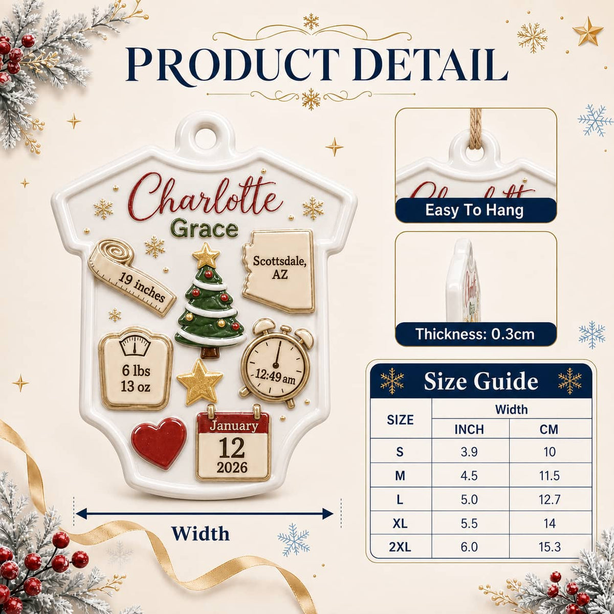 Baby Bodysuit Birth Stats Christmas Keepsake Hanging Holiday Decor - 3D Relief Ornament
