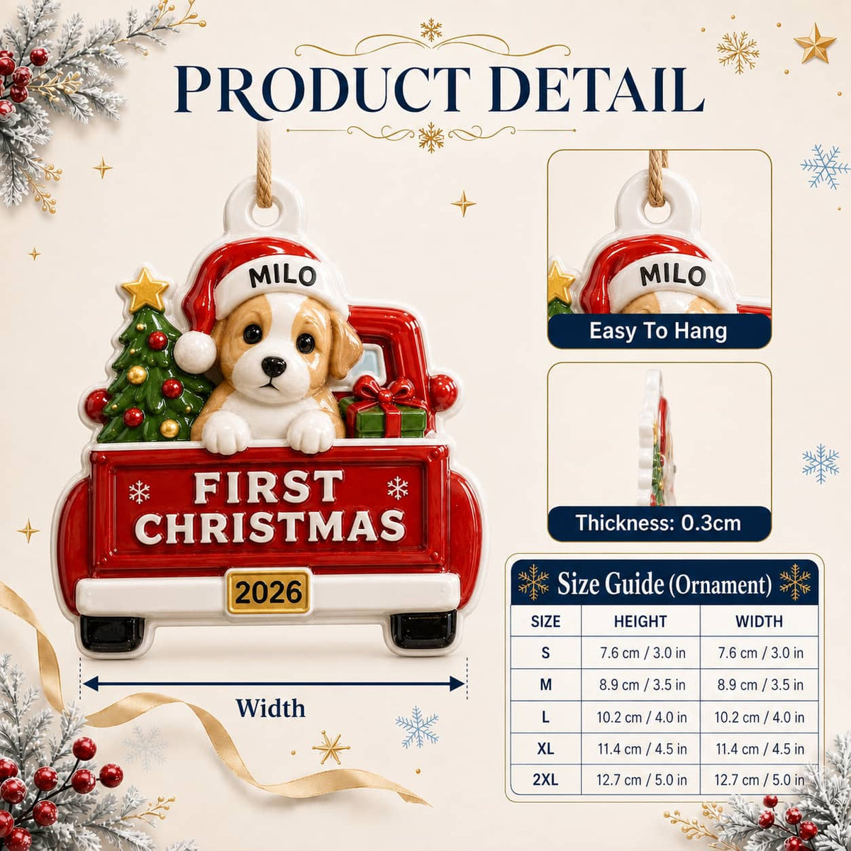 First Christmas 2026 Red Truck Puppy Christmas Tree Decoration, Red 3D Relief Design - 3D Relief Ornament