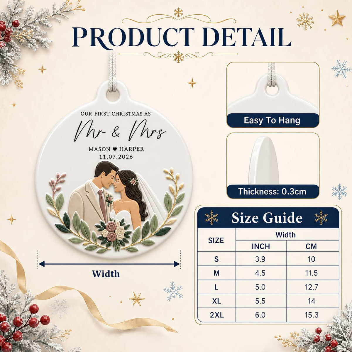 First Christmas Mr and Mrs Wedding Couple Round Keepsake - 3D Relief Ornament