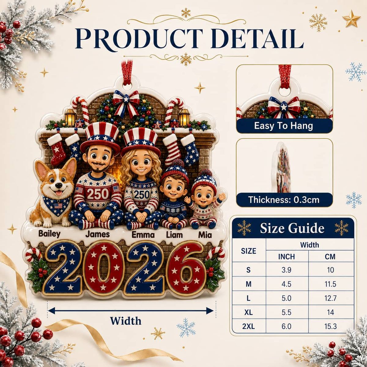 Christmas Family Decoration with Cartoon Family and Dog, 2026 Patriotic Red White Blue Design - 3D Relief Ornament