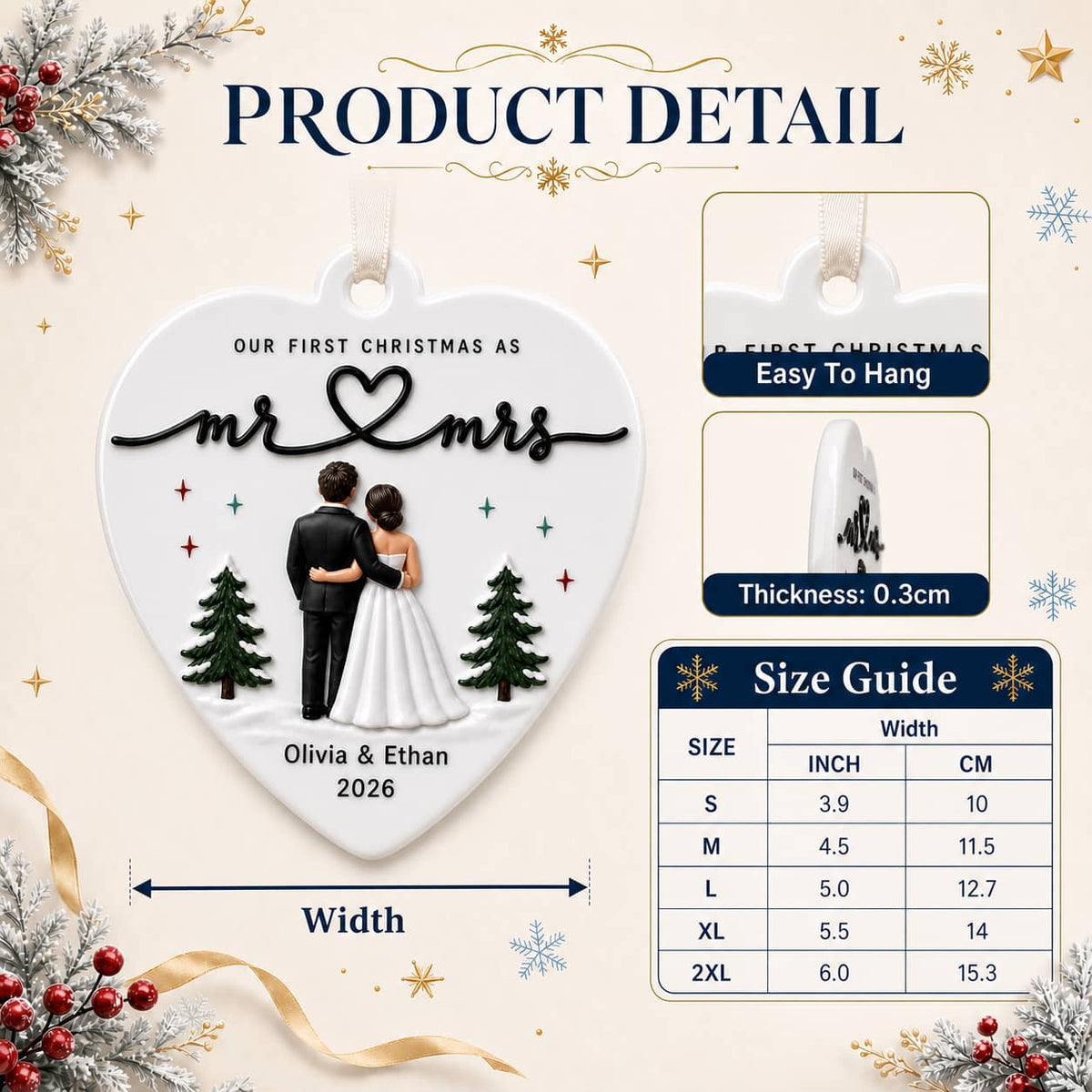First Christmas Mr and Mrs Wedding Couple Heart Keepsake - 3D Relief Ornament