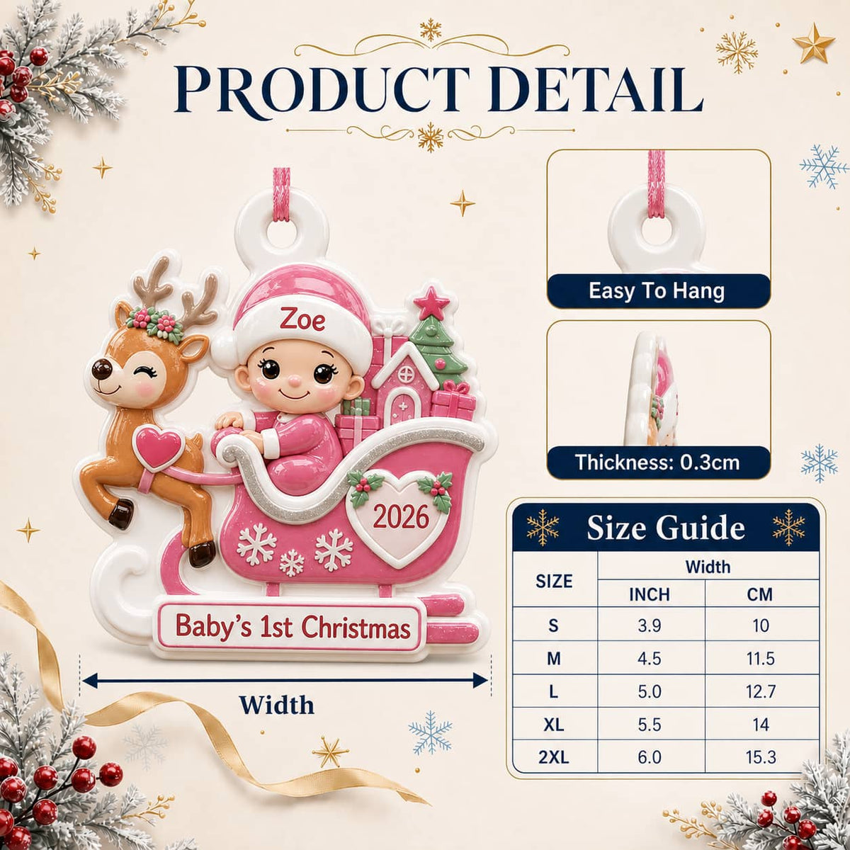 Baby's First Christmas Pink Reindeer Sleigh Holiday Keepsake - 3D Relief Ornament