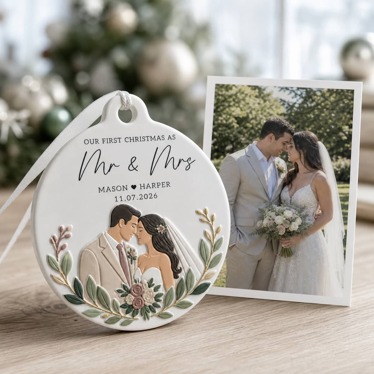 First Christmas Mr and Mrs Wedding Couple Round Keepsake - 3D Relief Ornament