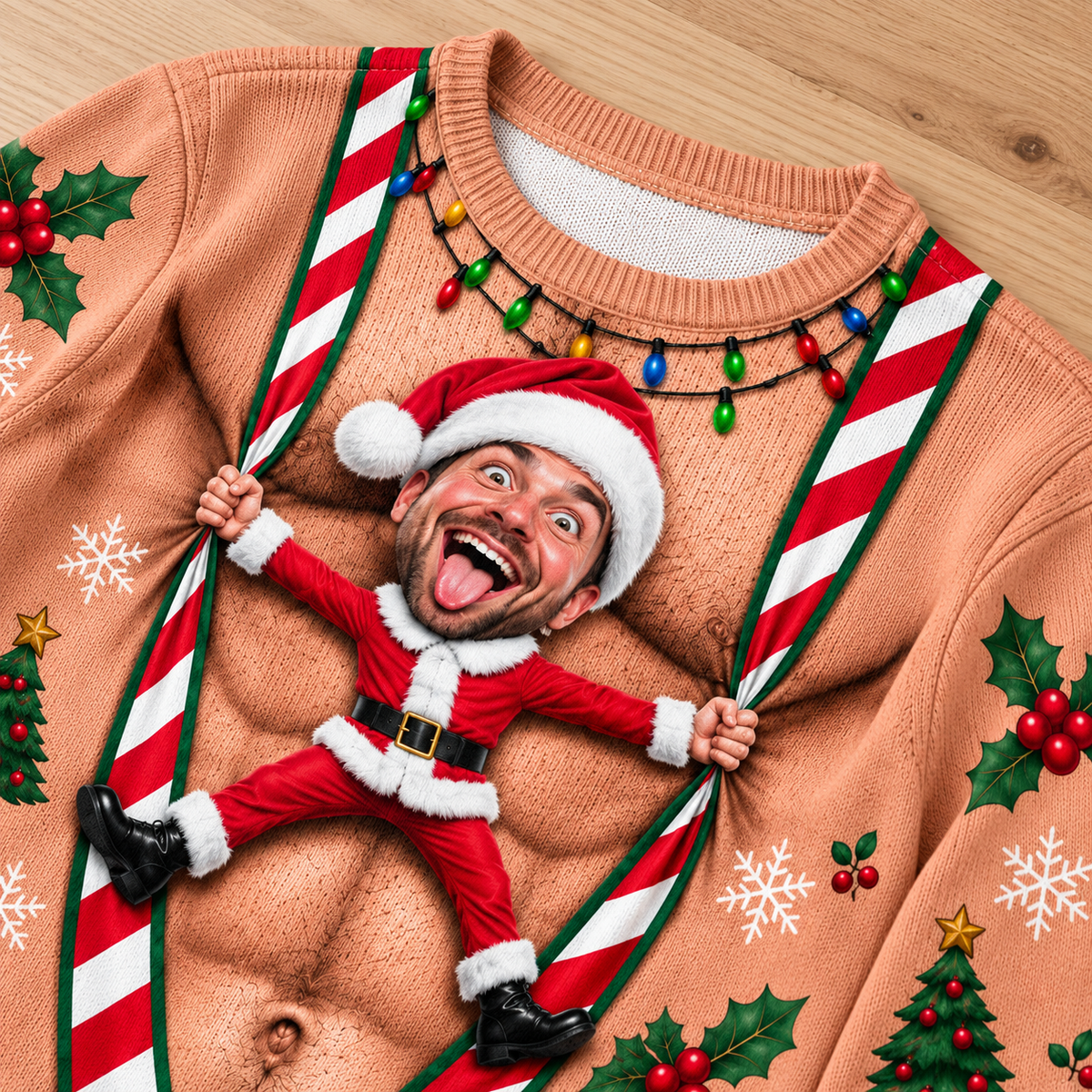 Ugly Christmas Sweatshirt Faux Hairy Chest Candy Cane Suspenders