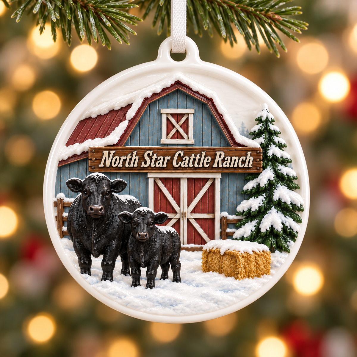 Personalized Cattle Ranch Farm Winter Barn Christmas Hanging Keepsake - 3D Relief Ornament