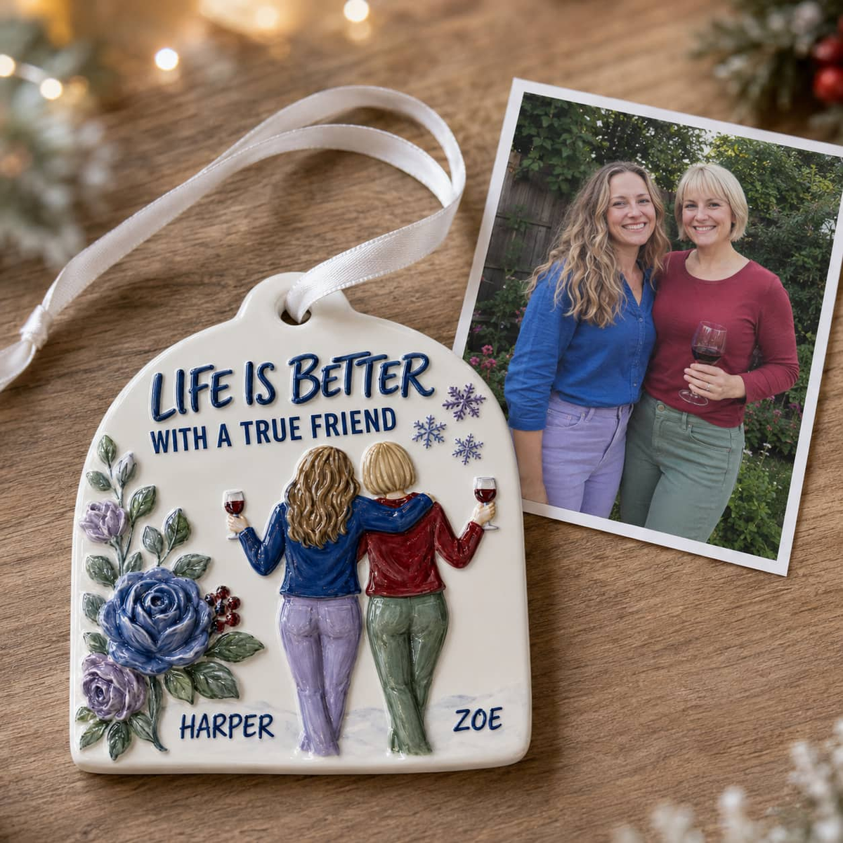 Friendship Keepsake with Two Women Toasting Wine - 3D Relief Ornament