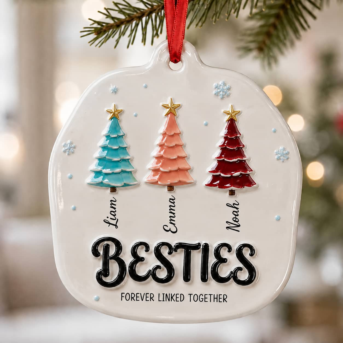 Besties Forever Linked Colorful Christmas Trees Keepsake - 3D Relief Ornament