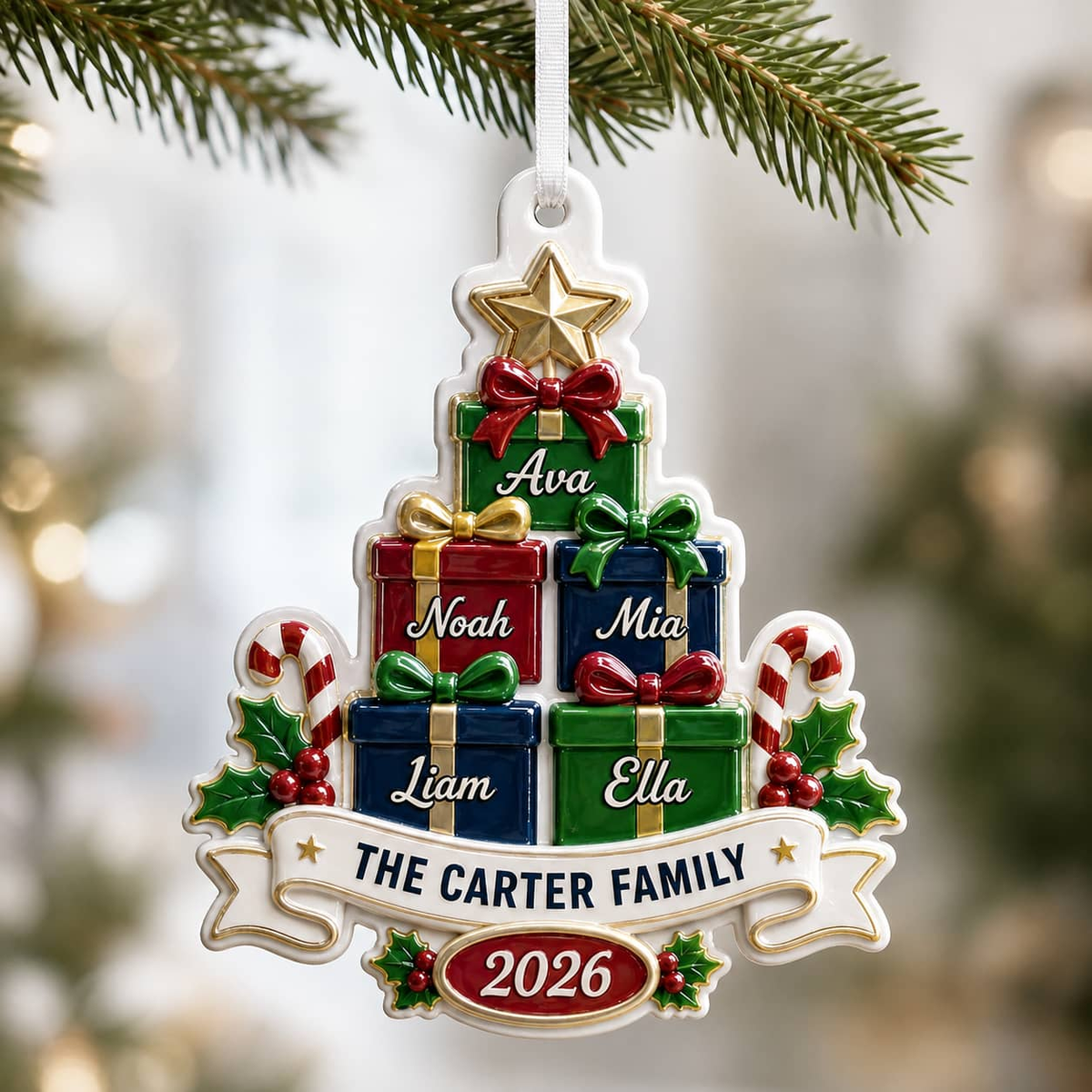 Personalized Christmas Tree Family Decoration with Stacked Gifts, 2026 Holiday Family Name Design - 3D Relief Ornament