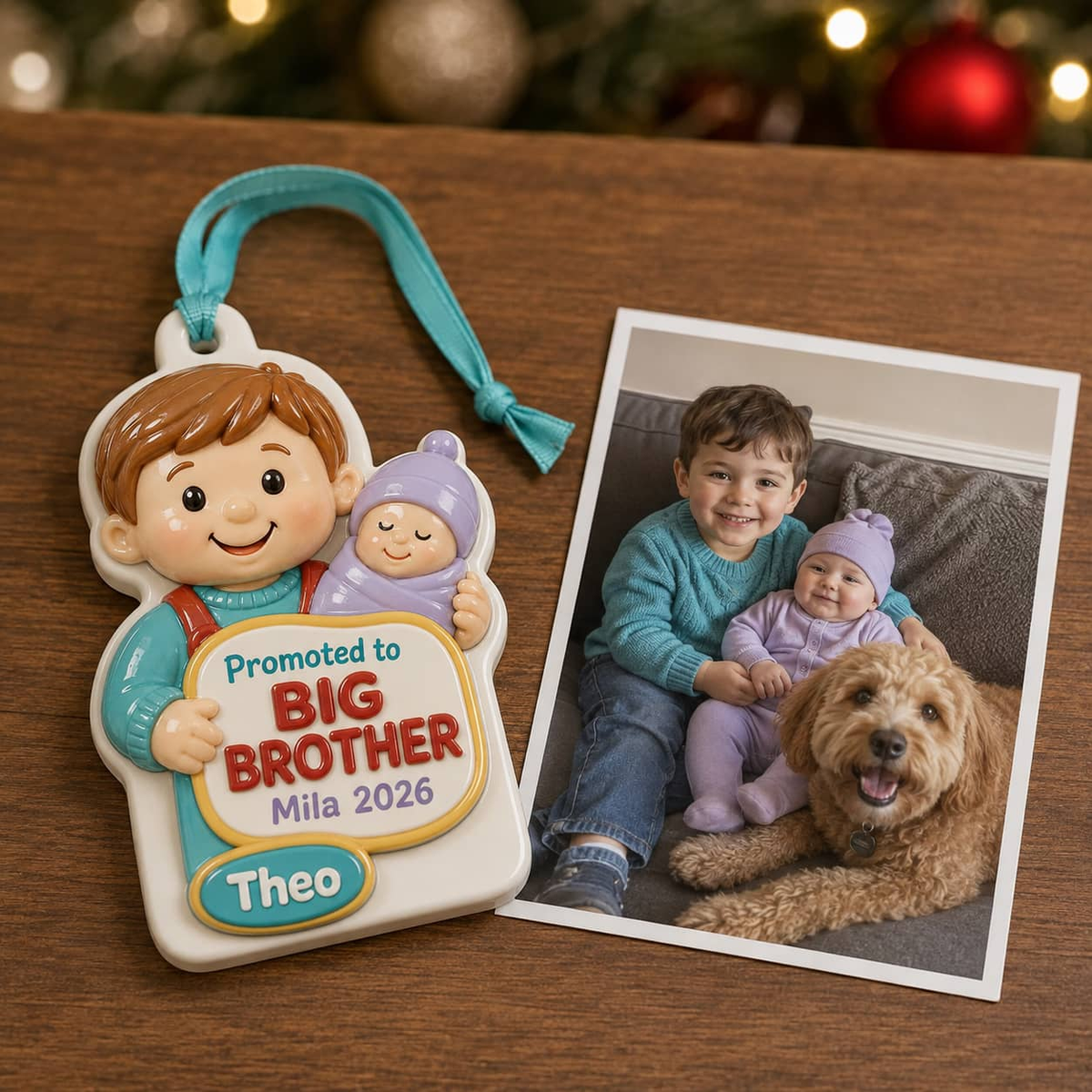 Promoted to Big Brother Holding Baby Sibling Christmas Keepsake - 3D Relief Ornament