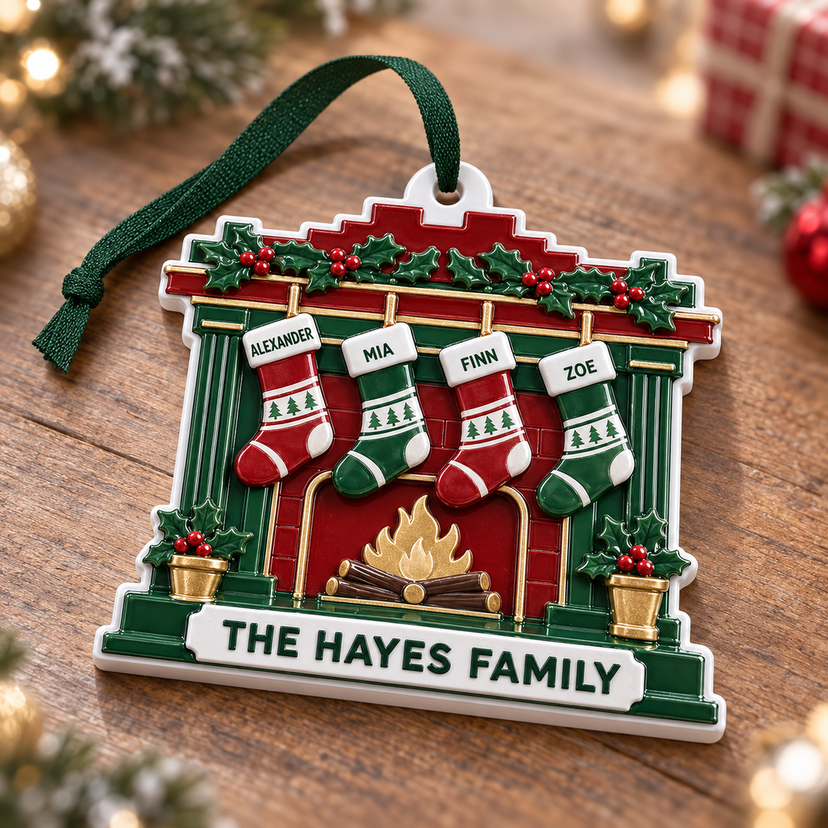 Christmas Fireplace Mantel with Hanging Stockings Holiday Tree Decor - 3D Relief Ornament
