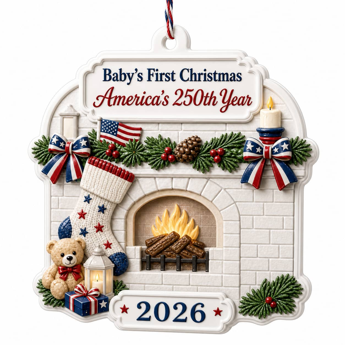 Baby's First Christmas 2026 Hanging Keepsake, America's 250th Year Patriotic Fireplace - 3D Relief Ornament