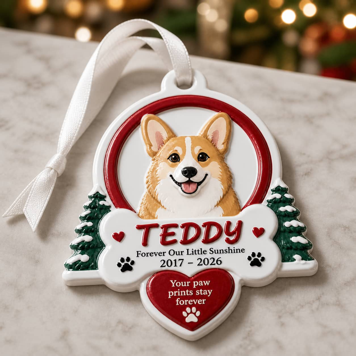 Pet Memorial Holiday Decoration with Pine Trees, Bone, and Red Heart - 3D Relief Ornament