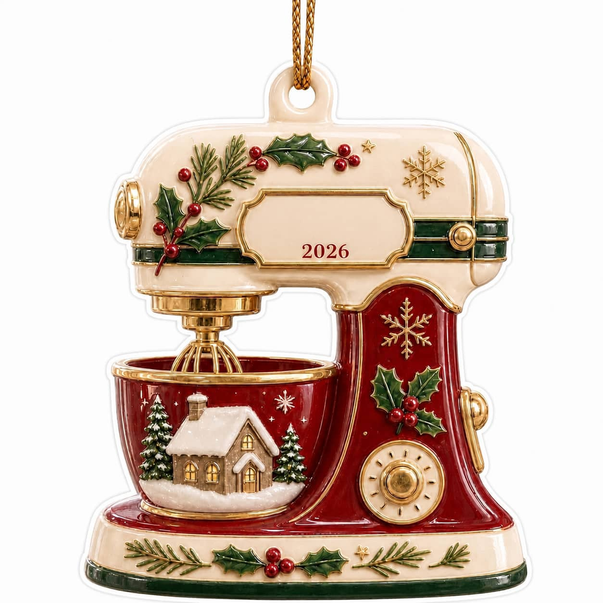 Vintage Kitchen Baking Stand Mixer in Red and Cream with Winter Cottage Scene - 3D Relief Ornament